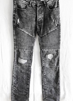 Серые мужские джинсы скинни рваные denim co размер w30 l32 мото стиль готический готика рок панк гранж эффект вываривания skinny