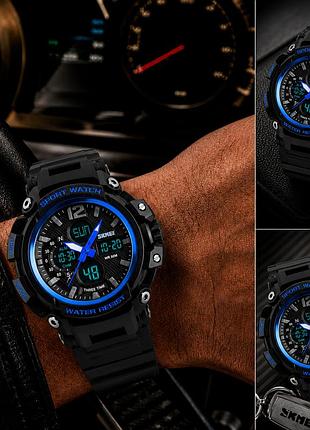 Мужские часы skmei 1343bu blue black прочный корпус хронограф дата силиконовый ремешок