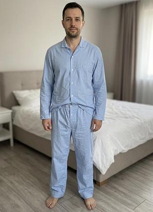 Класичний чоловічий піжамний комплект піжама чоловіча блакитного кольору в тонку вертикальну смужку 54
