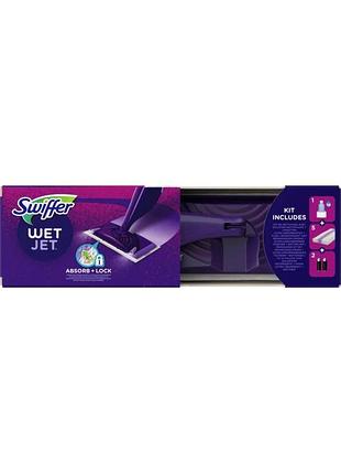 Стартовый набор для уборки swiffer wet jet (швабра, 5 салфеток, емкость с жидкостью, 2 батарейки)