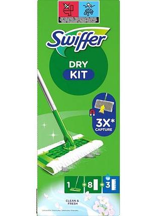 Швабра для уборки swiffer dry kit + 8 сухих и 3 влажных салфетки