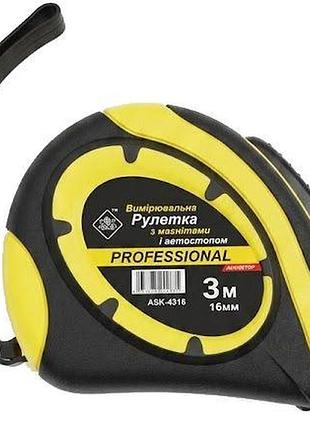 Рулетка будівельна professional ask-4316 з магнітним наконечником і автостопом 3 м