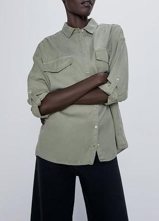 Рубашка zara s, m, xs, хаки, вискоза, лиоцел, зеленая, летняя, блуза, блузка