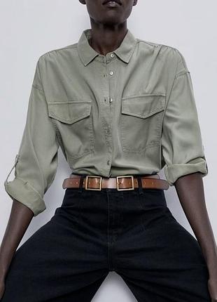 Рубашка zara s, m, xs, хаки, вискоза, лиоцел, зеленая, летняя, блуза, блузка