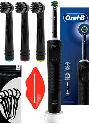 Электрическая зубная щетка 3 режима работы с таймером 4 насадки черная oral-b мс0389