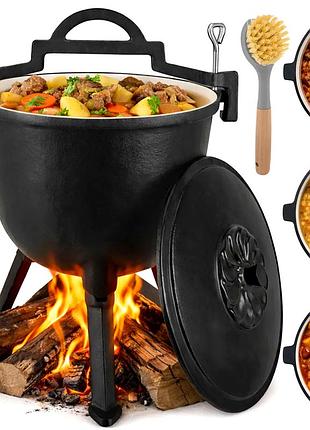 Чугунный котел 8 литров для костра с крышкой и ножками kaminer se0721
