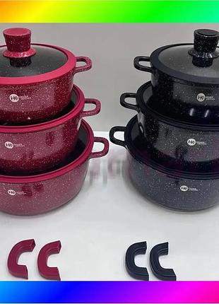 Bs набір посуду з best mix гранітним антипригарним покриттям higher kitchen hk-325 (чорний, червоний) bas77/n
