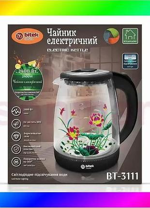 Bs чайник електричний скляний best mix з квіткою 1,8л 2400вт синє led-підсвічування bitek bt-3111 bas77/n