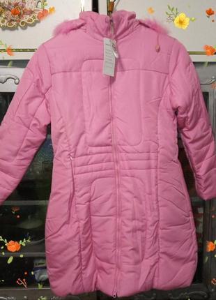 Пальто подростковое на девочку с капюшоном на синтепоне цвет: розовый1 фото
