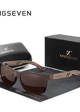 Брендовые мужские солнцезащитные поляризационные очки kingseven classic wood коричневые дужки дерево высший уровень защиты uv400