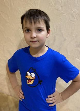 Дитяча футболка злі птички синя, футболка злі птички синього кольору , однотонні футболки сині дитячі на класс группу