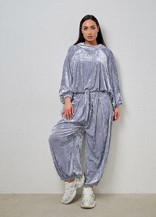 Велюровый спортивный костюм оверсайз с укороченным худи с капюшоном с брюками джоггерами