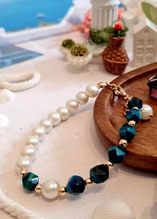 🔺💙💫 браслет на карабине из натурального камня синий тигровый глаз и искусственный жемчуг