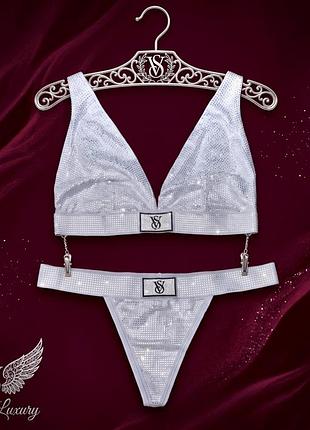 Роскошный сияющий комплект женского белья victoria’s secret со стразами ✨ размер s, виктория сикрет оригинал