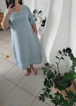 Льняное голубое платье