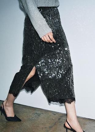 Спідниця з паєтками та мереживом zara розмір м