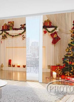 Новогодние фото шторы "елка и камин" 2,7м*2,9м (2 полотна по 1,45м), тесьма