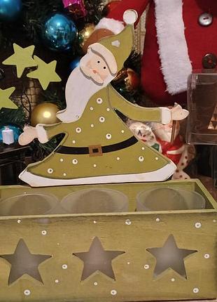 Новорічний дерев'яний підсвічник свічник кашпо санта клаус
