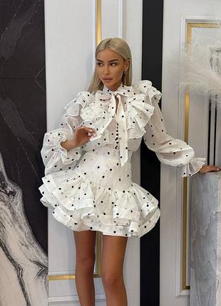 Костюм zimmerman сорочка та спідниця пишний з рюшами білий у крапочку polka dots напівпрозорі рукава