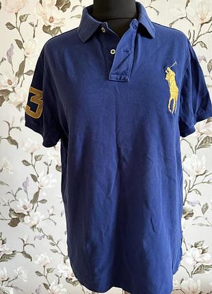 Синя чоловіча сорочка-поло polo ralph lauren з великим жовтим логотипом big pony та цифрою «3» на рукаві.