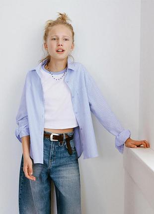 Рубашка для девочки zara с длинным рукавами лонгслив в полоску 11-12 лет белый голубой