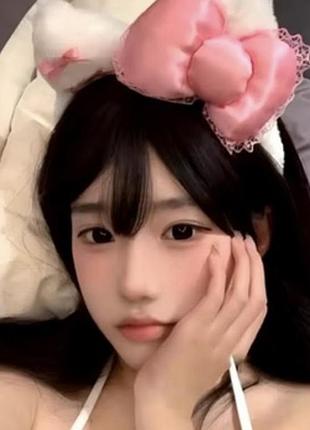 Плюшевий білий обруч з котячими вушками та великим рожевим бантом hello kitty coquette kawaii
