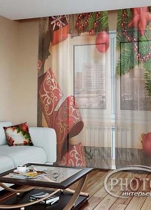 Новорічний фототюль "новорічні прикраси" (2,5 м*3,0 м, на довжину карниза 2,0 м)