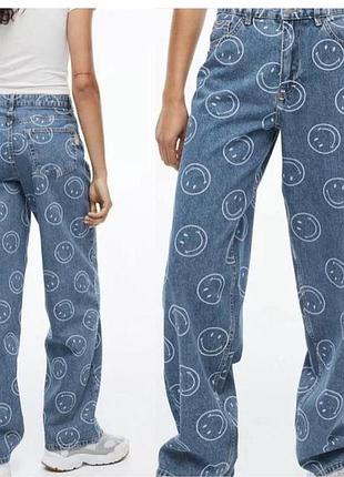Широкие высокие джинсы h&amp;m синего цвета denim. смайликⓡ x h&amp;m.