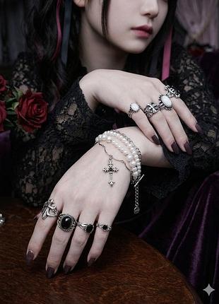 🖤 багатошаровий браслет у стилі jirai kei , dark lolita , gothic з перлами та хрестом 🖤