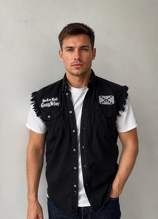 Чоловіча жилетка байкерська harley davidson rock-n-roll gangstar biker vest black denim cut off sleeveless shirt men's size m