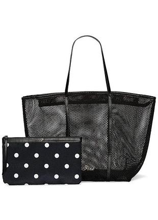 Набір пляжної сумки та косметички victoria’s secret terry tote bag🩷чорна сітчаста сумка-тоут та косметичка.