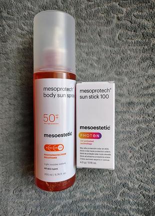 Сонцезахисний спрей для тіла mesoestetic mesoprotech body sun spray spf 50+ (200 мл) та стік 100 у подарунок