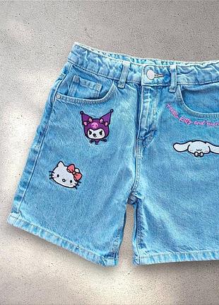 Детские джинсовые шорты primark голубого цвета с вышивкой персонажей hello kitty и ее друзей