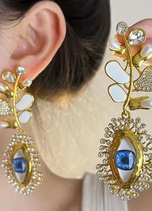 Эффектные серьги глаза в стиле скиапарелли, эмаль, листики, schiaparelli