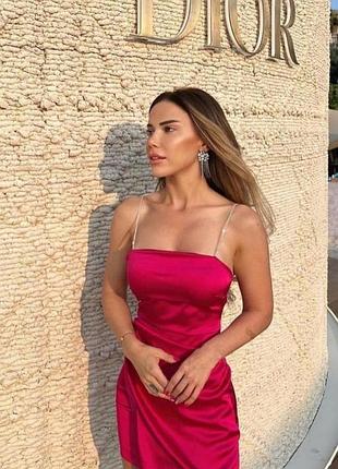 Ефектна атласна мінісукня zara з бретелями зі страз в кольорі фуксія (м/l)