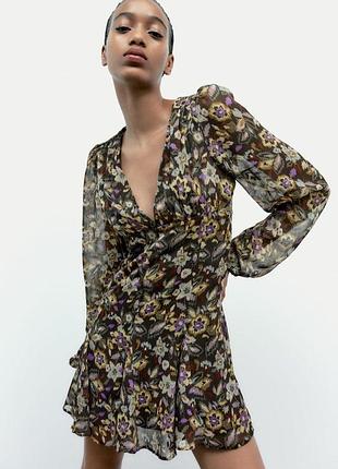 Брендове шифонове плаття міні "zara" з квітковим принтом. розмір м.