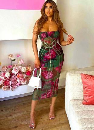 Распродажа платье prettylittlething миди полупрозрачная сетка на подкладке