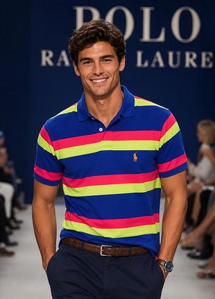Футболка поло чоловіча polo ralph lauren, різнокольорова в смужку, l, 100% бавовна