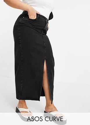 Джинсовая юбка миди asos design curve uk 22 (4xl) черная джинсовая юбка с разрезом 90-е