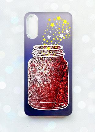 Чехол с плавающими блестками на samsung galaxy a02 / a022 (2021) красный :: банка со звёздами (принт 366)