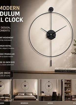 Часы настенные металлические с маятником 60 см mesliese black modern — бесшумные большие декоративные часы для гостиной