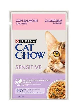 Cat chow sensetive вологий корм для котів із чутливою травною системою з лососем і цукіні, 85 г акція