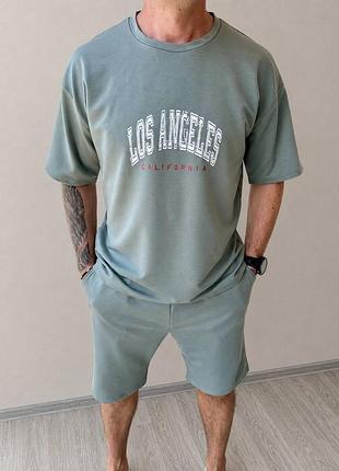 Чоловічий повсякденний трикотажний костюм двійка шорти і футболка los angeles california