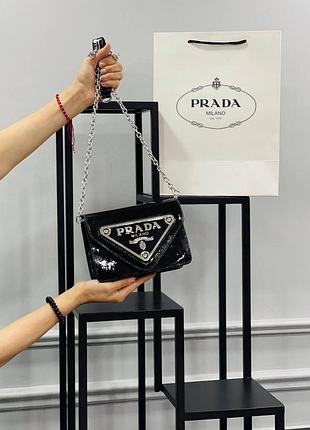 Сумка жіноча чорна prada mini на ланцюжку сумка прада міні сумочка клатч крос-боді люкс якість