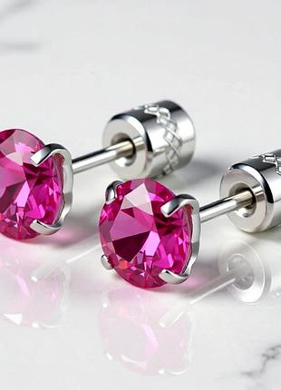Серьги пусеты серебристые из стали с красным цирконом 6 мм aurumlux014