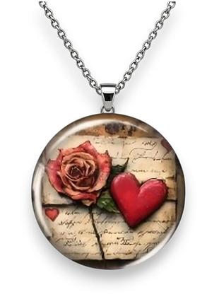Серебристый кулон «flores amoris» из титановой стали и акрила, 3.3 см, 45+5 см