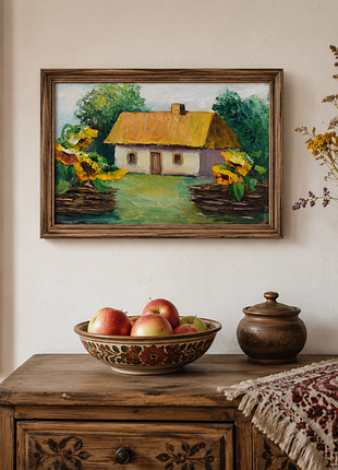 Сільська хатка з соняшниками, живопис, розмір 20 х30 см