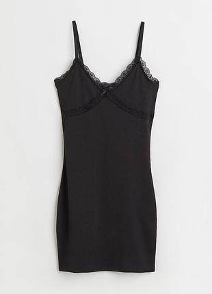 Черное облегающее мини-платье h&m divider на бретелях с кружевом, размер xxs / uk 2