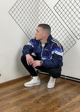 Темно синя вінтажна блискуча олімпійка adidas на підкладці