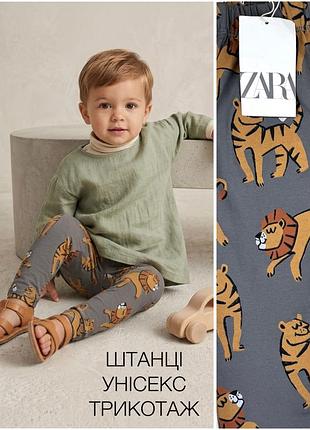 🦁 нові штани zara 2-3 р 92-98 см сірі з левами та тиграми бавовна джогери легінси лосини трикотажні штанці брюки унісекс зара